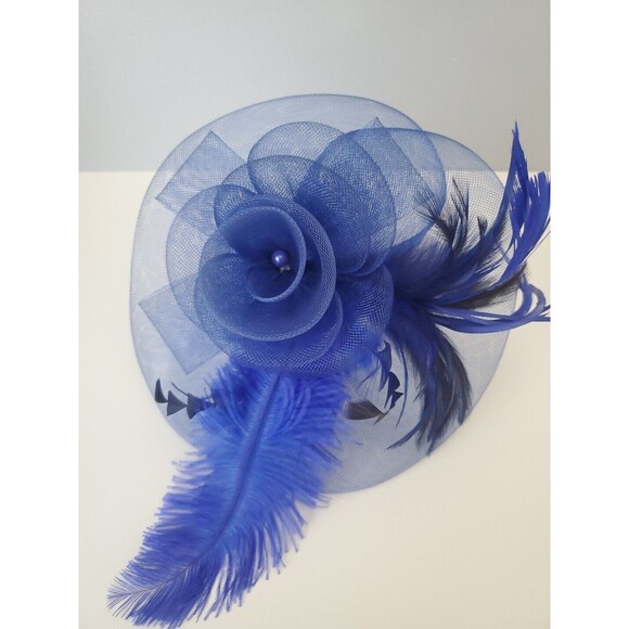 Blue Fascinator Floral Feather Mesh Headband Church Cocktail Wedding Derby Hat - Picture 4 of 10
